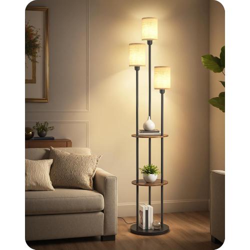 70.9 Floor Lamp with Shelves, Modern Floor Lamp with 3 Linen Shades and Foot Switch, 3-Light Standing Lamp, for Living Room, Bedroom, Study, Office, Rustic Brown and Beige EF53LD05‼️missing pieces‼️