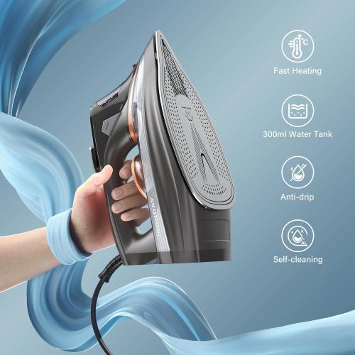 Steam Iron for Clothes with LCD Screen, 1700W Iron Non-Stick Ceramic Soleplate, Auto Shutoff, Self-Cleaning, Anti-Drip, Steam Burst, Spray Mist 10.14oz Water Tank Ironing Clothes for Home,Grey
