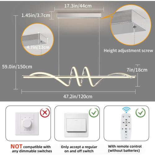 Size 47in Modern LED Pendent Lights Kitchen Island,3000k-6000K Adjustable Color Dining Room Light Fixture,Dimmable with Remote Control Aluminum for Kitchen, Living, Dining,Bedroom(47in Chrome Silver