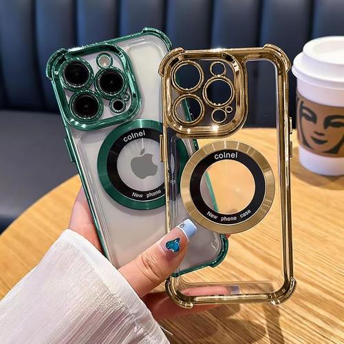 for iPhone 15 Pro Max Magnetic Transparent Case,Luxury Bling Four Corners Shockproof Military-Grade Protection with Camera Lens Protector MagSafe Clear Plating Cover for Women Men-Golden