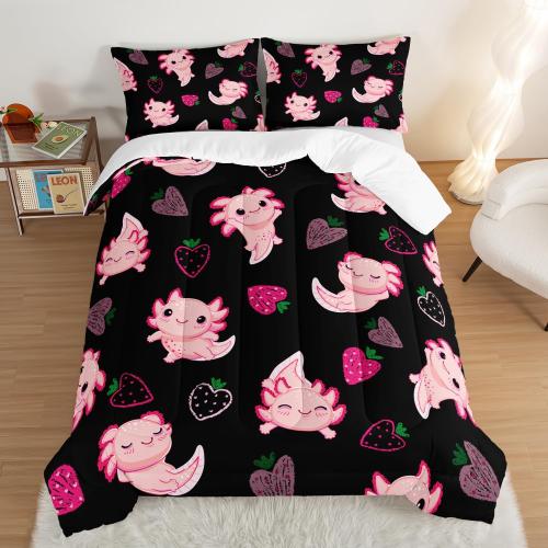 Cute Axolotl Bedding Set Twin Size,Pink Axolotl Strawberry Printed Comforter Sets Aesthetic Bedding for Kids Girls,Beach Coastal Animal Themed Comforter Sets with 2 Pillowcases.