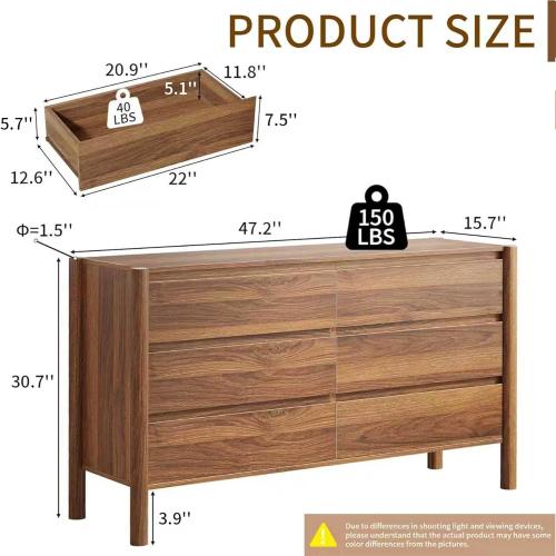CHUWELL Walnut 6 Drawers Dresser for Bedroom, 47.2 Wide Mid Century Modern Chest of Drawers with 4 Solid Wood Cylindrical Legs and Large Storage Space, Large Dresser for Bedroom (No test)