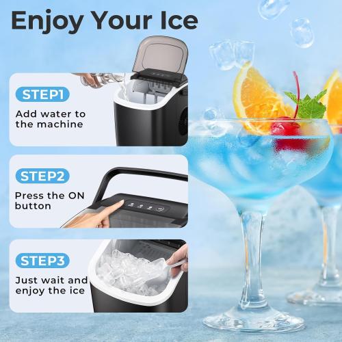R.W.FLAME Ice Makers Countertop with Handle,26.5Lbs/24H,9 Cubes in 6 Mins,Portable Ice Maker Machine with Self-Cleaning,Ice Basket and Scoop,Perfect for Home, Kitchen, Bar, Camping(Black)