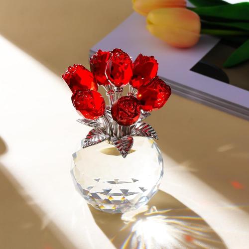 Crystal Red Rose Bouquet Figurine with Round Vase, Glass Rose Flower Romantic Gifts for Women Mom on Birthday, Collectible Decoration Table Centerpiece for Home