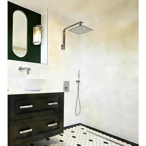 High Rise Shower Arm and Flange, 16 inch, Solid Brass, Square, PVD Brushed Nickel, Gooseneck Raised Shower Head Arm, Wall Shower Head Extension Arm, Both Soldered 1/2 NPT Tapered Threads