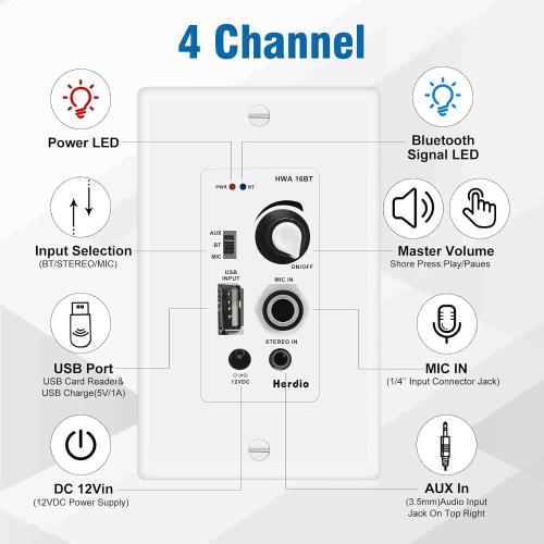 Herdio 8'' Bluetooth in Wall in Ceiling Speakers 800W 2-Way Flush Mount Speakers System with Wall Amplifier Receiver for Home Theater Office (2 Pairs, Paintable-Grille)