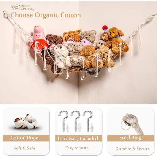 YKBU Stuffed Animals Hammock Corner Hanging Net Macrame Stuffed Animal Storage Plush Toy Holder Toy Organizer for Boho Nursery Playroom Bedroom Kids Room (cream, M)