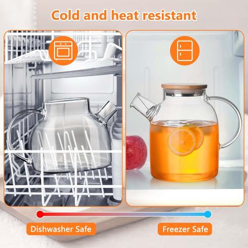 Glass Tea Pot Kettles Stovetop Safe, 60.8oz/1800mL Heatproof Borosilicate Glass Teapot Water Pitcher With Bamboo Lid and Removable Filter Spout for Loose Leaf and Blooming Tea