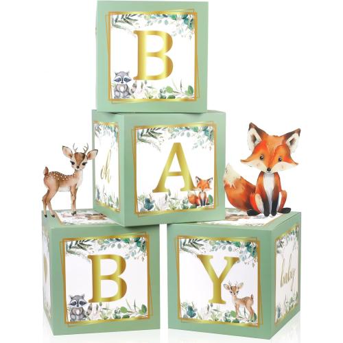 Sage Green Baby Boxes with Letters for Baby Shower, 4pcs Safari Jungle Print Baby Shower Decorations for Balloon Boxes Gender Reveal Baby Blocks BabyShower for Birthday Party Favors