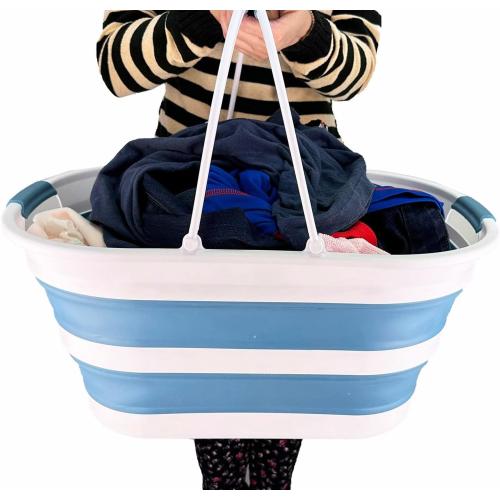 SAMMART 38L (10 Gallons) Collapsible Plastic Laundry Basket - Foldable Storage Container/Organizer - Portable Washing Tub - Space Saving Laundry Hamper (White/Adriatic Blue)