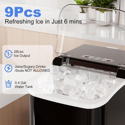 NEWBULIG Ice Makers Countertop with Handle, Portable Ice Machine | 9 Bullet Cubes in 6 Mins, 26lbs in 24Hrs, Auto-Cleaning, with Basket and Scoop, for Home, Kitchen, RV, Camping, Black‼️little dirt‼️
