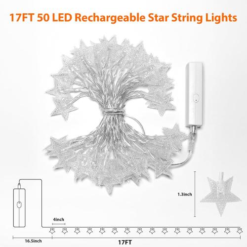 Lakumu Rechargeable Star Fairy Twinkle Lights Battery Operated with 8 Modes, 17FT 50LED String Lights Indoor with Timer, for Bedroom Dorm Tent Wedding Party Christmas Decorations, Warm White