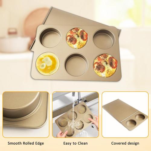 6 Cup Muffin Top Pan for Baking, Nonstick Hamburger Bun Pan, Straight Side English Muffin Cupcake Pans with Lid, Jumbo Muffins Pans for Baking Egg Sandwich Quiche Pancake, Gold (Round Shape)