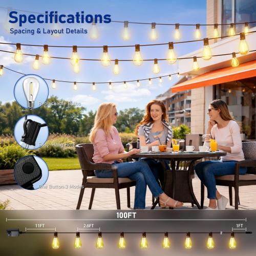 100FT Outdoor String Lights with Remote & Dimmable, 35 1 Shatterproof Waterproof Bulbs, Dimmable Outside Hanging Patio Lights for Backyard, Porch, Deck, Garden 2700K Warm White