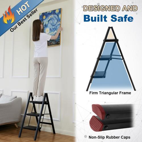 Double Elite Step Ladder 3 Step Folding, Sturdy 330 Lbs Load Small Step Stool for Adults, Safer Full Steel Multi-use Kitchen Ladder for Home, Closet Step Stool Ladder with Wide Pedals, Black, 3-Step