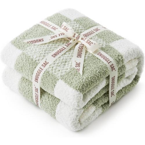 Snuggle Sac Checkered Blanket, Sage Green Throw Blanket for Couch Plaid Microfiber Fluffy Warm Cozy Fuzzy Soft Throw Blanket Reversible Checker Blankets for Sofa, Chair, Bed, 50x60 inches