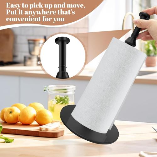Paper Towel Holder Countertop, Stainless Steel Black Standing Weighted Paper Towel Holder with Non-Slip Suction Cup Base, One-Handed Tear Paper Roll Holder for Kitchen Bathroom