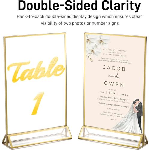 Acrylic Sign Holders 5x7” with 5 Stickers, Double Sided Clear Display Stand, Gold Tabletop Picture Frame, Table Menu Holder Display Stand for Wedding Number (Gold, 5 Pack 5x7 Inch)