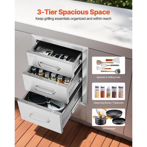 VEVOR  Outdoor Kitchen Drawers Stainless Steel, Flush Mount Triple Drawer, with Stainless Steel Handle, BBQ Drawers for Outdoor Kitchens or BBQ Island