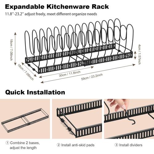 Housolution Pot and Pan Organizer Rack for Cabinet, Expandable Pot Lid Organizer Holder with 14 Adjustable Dividers, Fully Expanded Size 22.83 W x 7.09 D x 7.09 H, Black