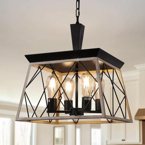 DORESshop 4-Light Rustic Farmhouse Chandelier for Dining Room, 15 Black and Rust Dining Room Light Fixtures, Adjustable Hanging Vintage Trapezoidal Grid Light Fixture for Kitchen Island, E26 Base