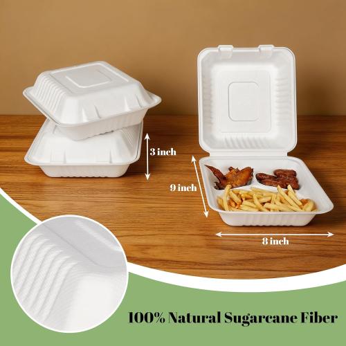 Lucklot 100 Pack 8×9 Inch 3-Compartment Compostable Bagasse Food Containers