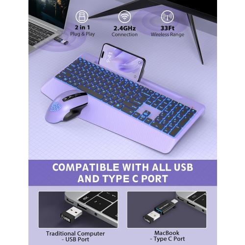 Wireless Keyboard and Mouse Backlits, Wrist Rest, LED Mouse, Rechargeable Ergonomic Keyboard with Phone Holder, Silent Light Up Combo for Computer, Mac, PC, Laptop, Chromebook (Black ? )