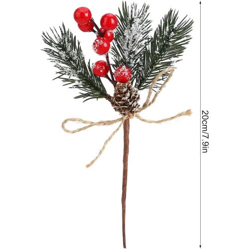 Christmas Pine Picks, 6inch Christmas Red Berry Picks Stems, Artificial Pine Cones Holly Stem Craft, Winter Holiday Flocked Holly Floral Picks for Crafts DIY Xmas Tree Ornaments