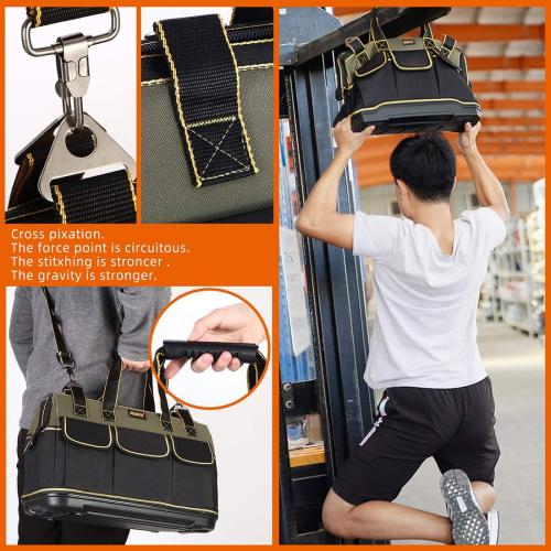 Size 22-inch Color Green and Black Wide Mouth Tool Bag with Water Proof Molded Base，Wide Mouth Tool Tote Bag,Waterproof Tool Organizer Bag for Men with Adjustable Shoulder Strap (22 inch)