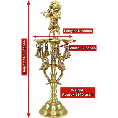 Brass Krishna Oil Lamp | Home Decor | Brass Diya Deepam Lamps | Kuthu Vilakku | Lamps for Home and Office - 16.5 Inches - Big Size
