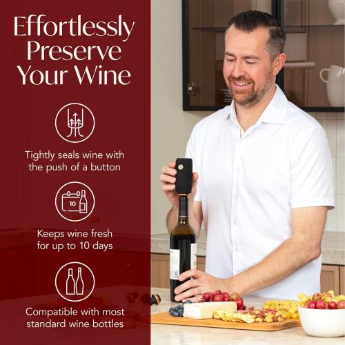 Electric Wine Preserver - Rechargeable Vacuum Saver With Airtight Seal - Automatic Air Remover Pump for 10 Days of Flavor & Freshness - Preservation System (Black & Rose Gold)