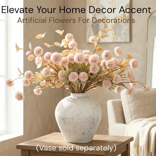 Artificial Flowers for Vase - 12 Stems Beige Faux Silk Mums with Eucalyptus