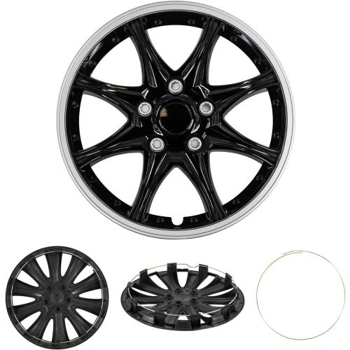 Set of 4 Size 16  Hubcaps Wheel Cover JDM Black Silver, Fits Steel Wheels, Tapas para Rines, (16” inch R16), Fits Toyota Corolla Honda Civic Nissan Altima Sentra Chevy Mazda Dodge Ford
