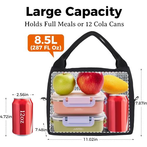 Aosbos Black Lunch Bag Women Insulated Lunch Bags for Adult Lunch Box for Women Lunchbox Lunch Tote Bento Box Cooler Bag for Work Office Picnic