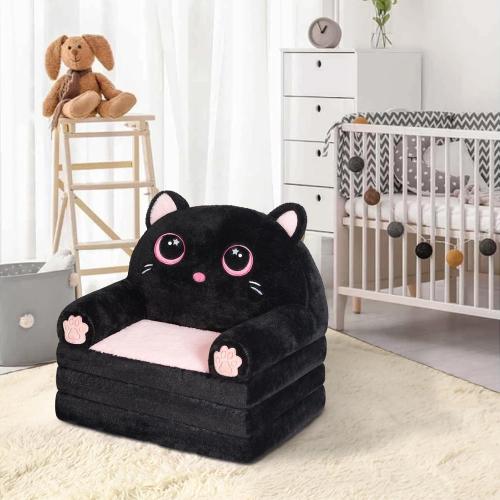 Size Small Color Pink and Black Kids Couch Fold Out, Velvet 2-in-1 Flip Open Couch for Toddlers, Comfy Toddler Chair for Reading and Napping, for Boys and Girls (Black & Pink Kitty)