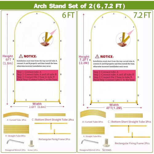Metal Arch Backdrop Stand 7.2FT 6FT Wedding Arch Backdrop Stand Set of 2 Gold Arch Backdrop Stand for Valentines Day Party Wedding Ceremony Baby Shower Birthday Floral Balloon Decration