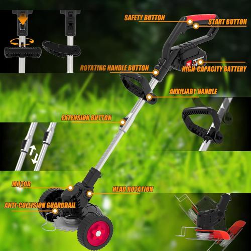 21V Electric Weed Wacker Cordless Weed Eater Battery Powered String Trimmer Battery Operated,3 in 1 Grass Trimmer/Brush Cutter/Lawn Edger, Metal Blades,Wheels, Stringless Weed Trimmer for Garden Yard