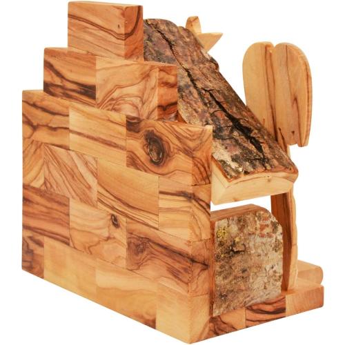 Olive Wood Nativity Set with Figurines – Natural Bark Roof Stable – Handmade Christian Christmas Decoration – Holy Land Gift – Made in Bethlehem – Religious Manger Scene Display