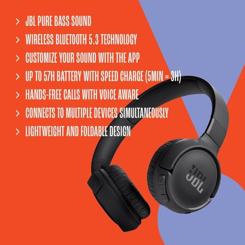 JBL Tune 520BT - Wireless On-Ear Headphones, Up to 57H Battery Life and Speed Charge, Lightweight, Comfortable and Foldable Design, Hands-Free Calls with Voice Aware (White)