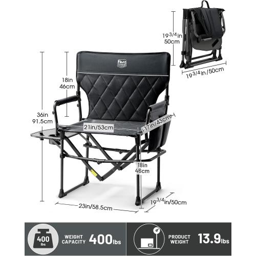TIMBER RIDGE 400lbs Heavy Duty Camping Chair Portable Directors Chair | Folding Camp Chair with Side Table & Pocket Compact Size for Outdoor, Lawn, Sports and Fishing, Black