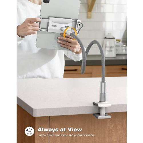 Lamicall Gooseneck Tablet Holder, Tablet Stand : Flexible Arm Clip Tablet Mount Compatible with iPad mini Pro Air, Kindle, Switch, Galaxy Tabs, More 4.7-10.5 Devices - Gray