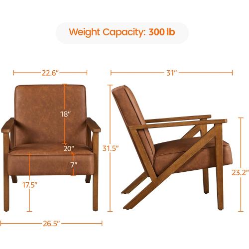 Yaheetech Accent Chair Faux Leather Armchair Lounge Chair with Wood Frame, Modern Retro Lounge Chair for Living Room/Office/Reception Area, Light Brown