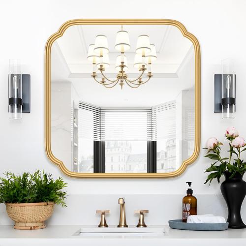 Gold Bathroom Mirror for Wall 24 x 24 Modern Rounded Corner Square Mirror with Non-Rusting Iron Metal Framed Bathroom Vanity Mirror for Over Sink Wall Decor Horizontal/Vertical