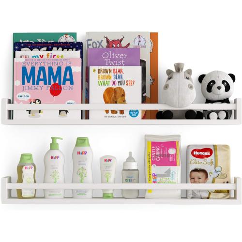 Wallniture Utah 32 White Nursery Bookshelves Wall Mounted, Wood Floating Book Shelves for Kids Room Set of 2
