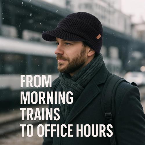 TOP-EX PolarWool™ 100% Merino Wool Winter Hat for Men Fleece Lined Visor Beanie with Brim Outdoor Knit Cap for Cold Weather