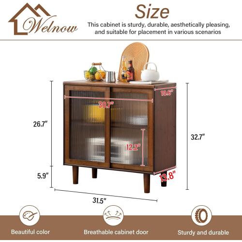 Welnow Buffet Cabinet, Bamboo Sideboard with Storage Kitchen Display Cabinet with 2-Tier Shelves Boho Coffee Bar Tables for Kitchen, Living Room, Entryway, Office, Walnut | 32.7H, 2-Tier Storage,Coffee Bar Cabinet with Fluted Glass Doors, Sideboard Cabinet for Kitchen, Living Room, Entryway