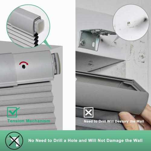 Tonature No Drill Cellular Shades for Indoor Windows, Thermal Insulating & Noise Reducing Honeycomb Blinds, Free Stop Cordless Blackout Shades, Grey, 26 1/2 W x 64 H