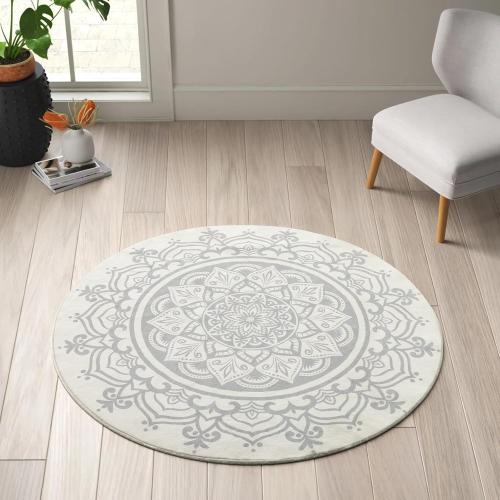 Carvapet 2' Small Round Area Rug Chic Boho Mandala Print Circle Rugs Non Slip Machine Washable Floor Mat Soft Throw Rug for Powder Room Entryway Bathroom Nursery Bedside Floor Decor Ivory Grey