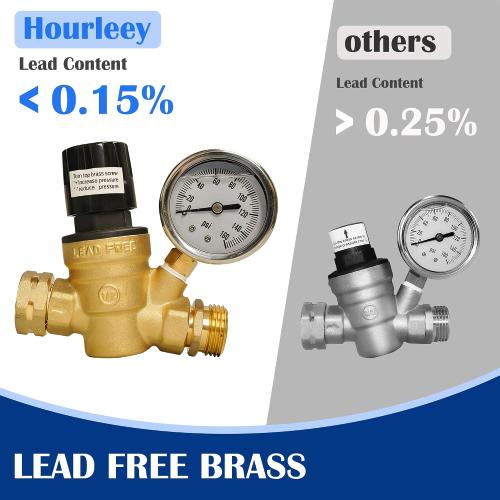 Hourleey RV Water Pressure Regulator, Adjustable Handle Brass Water Pressure Regulator, Water Pressure Reducer with Gauge and Inlet Screened Filter for RV Camper Travel Trailer