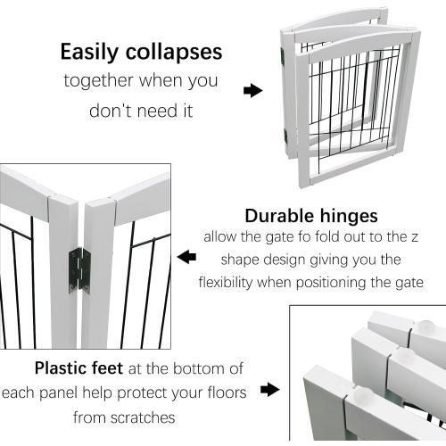 ZJSF Freestanding Foldable Dog Gate - Extra Wide White Puppy Gate for Stairs & Doorways - Tall 4 Panels Wooden Pet Fence